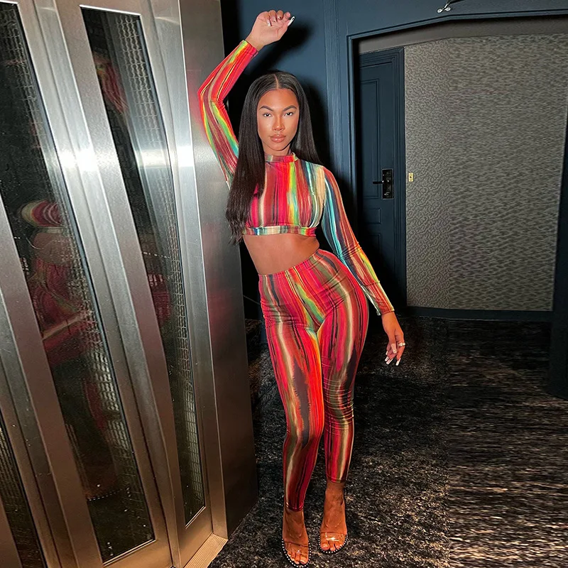 New Trendy Print Bodycon Ins Contrast Strip Woman 2 Piece Fall Outfit 2 Piece Set Women Fall 2 Pieces Set Clothing