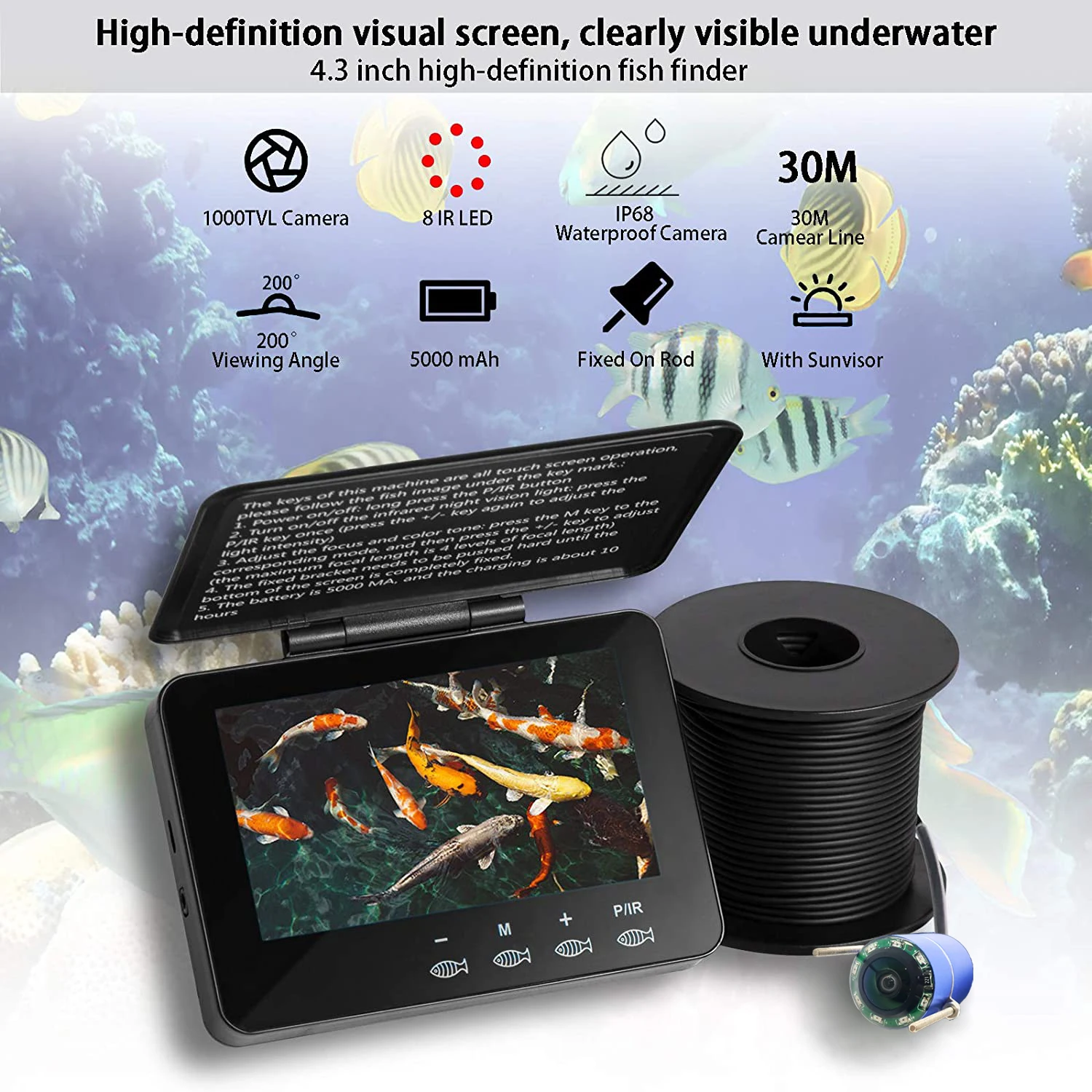 IP68 Waterproof Portable Fishing Video Camera With 4.3inch Touch Screen Monitor Underwater Fish Finder Camera For ice fishing