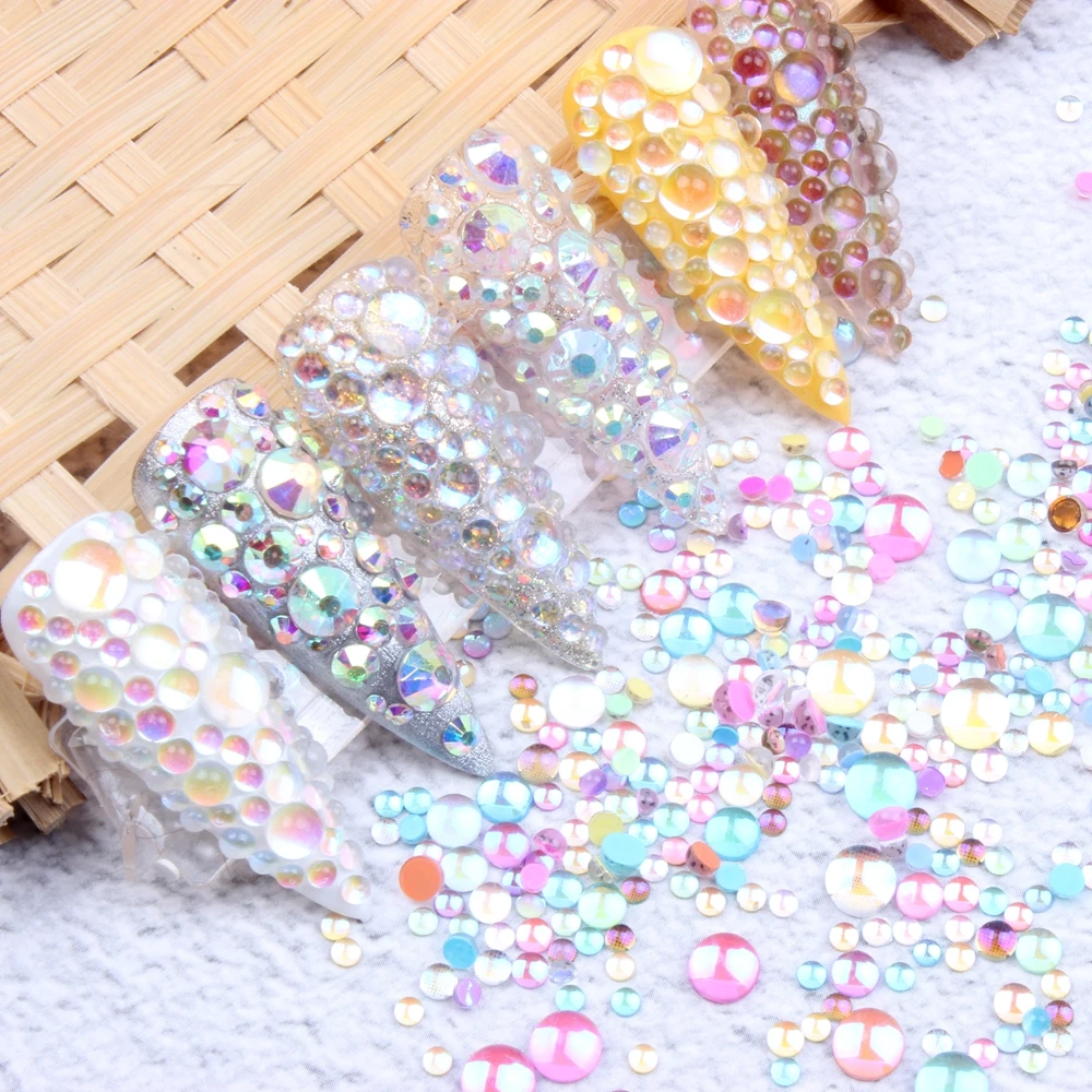 New Aurora Candy Colors Mermaid Nail Beads Crystal Rhinestones Many Colors Flatback Round Glue On Strass Stones DIY 3D Nail Art