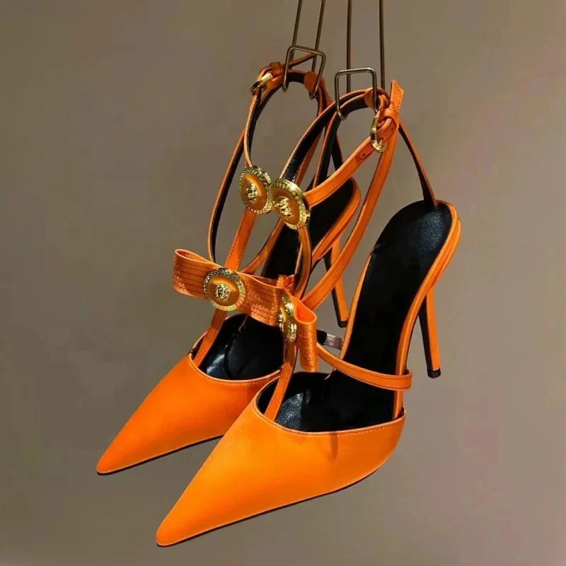 Ankle Buckles Women Metal Ornaments Stiletto High Heels Sandals Bow T-strap Slingback Ladies Summer Satin Dress Shoes