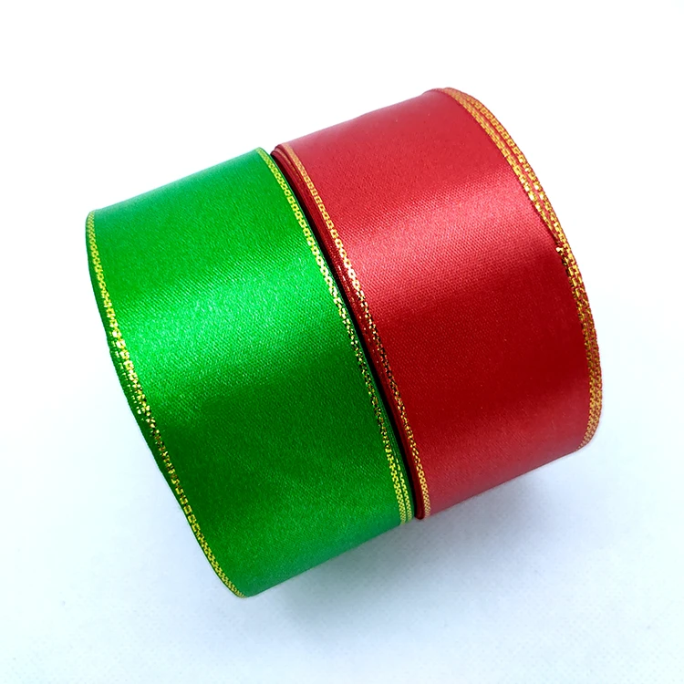 4cm Christmas Decoration Double Face Metallic Woven Gold Edged Polyester Satin Ribbon