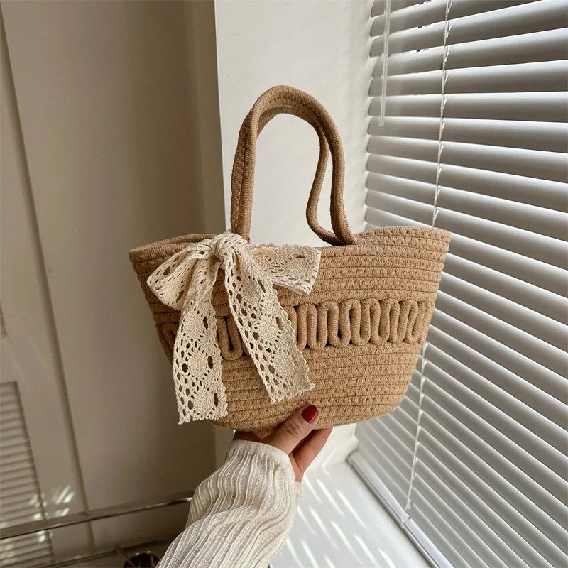 2024 new arrival women bohemian style minimalist handbag tote female Vegetable basket summer elegant lace bow beach bag