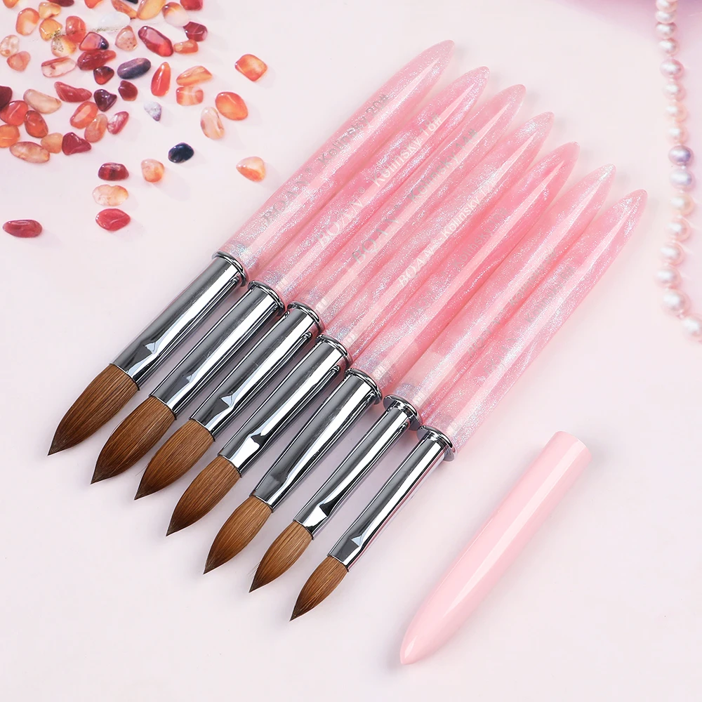 Factory Custom Logo Metal Acrylic Handle Acrylic Brush Pink Gradient Color 100% Pure Kolinsky Nail Art Brush Set
