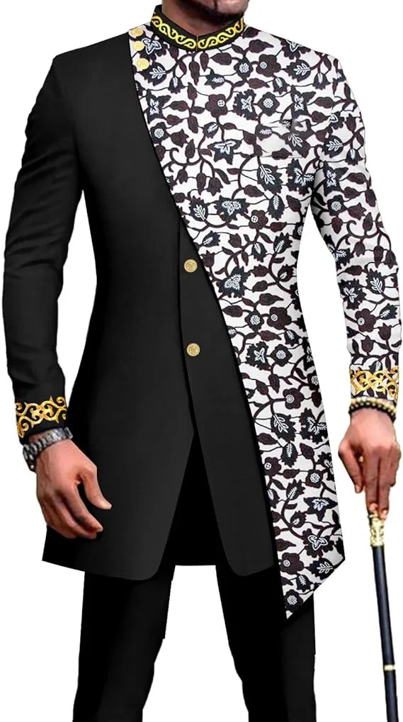 African Vintage Suits for Men Embroidery Print Blazer and Pants Set Business Suit Party Wedding Evening suit