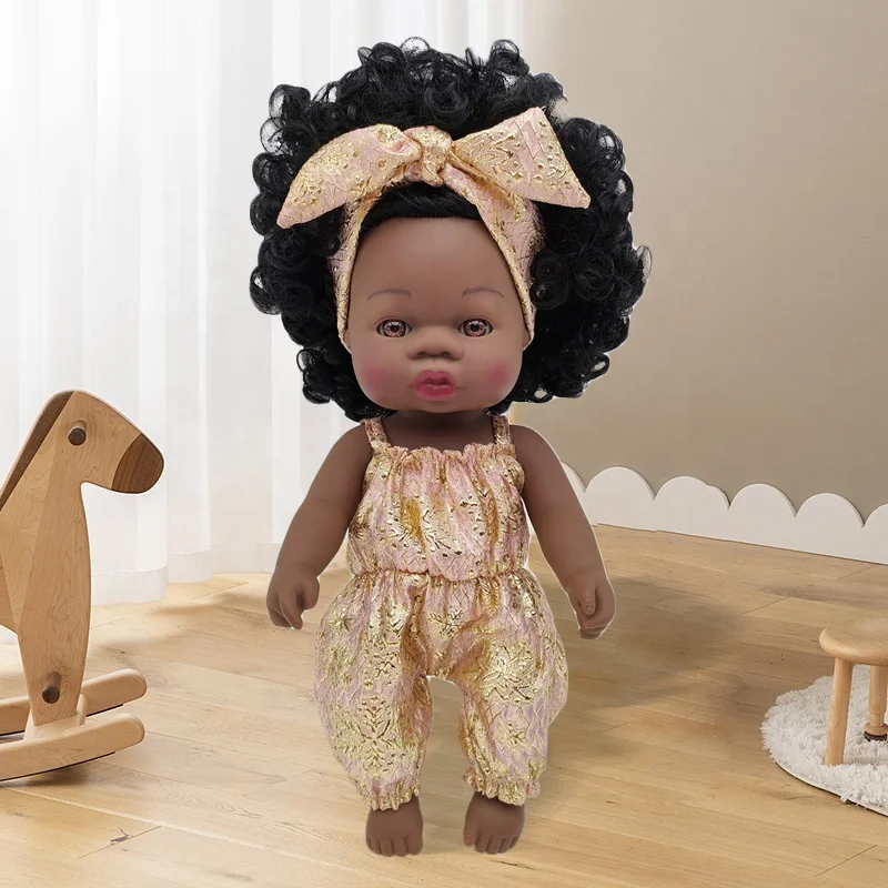 Realistic African American Baby Dolls Lifelike Girl 14 Inch vinyl black doll with Feeding Kit & Gift Box Best Birthday Set