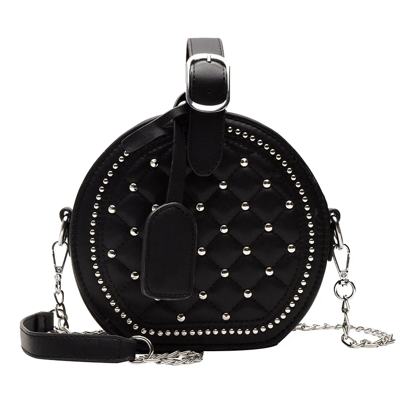 Designer Classic Chain Handbag Rivets Girls Bolso Piel Round Black Handbag Handles