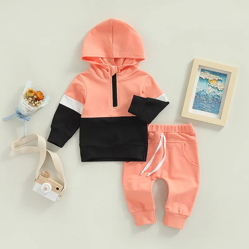 3935 Autumn Newborn Baby Boy Girl Clothing Set Patchwork Hooded Long Sleeve Pullover Zipper Top+Long Pants Outfit Tracksuits Set
