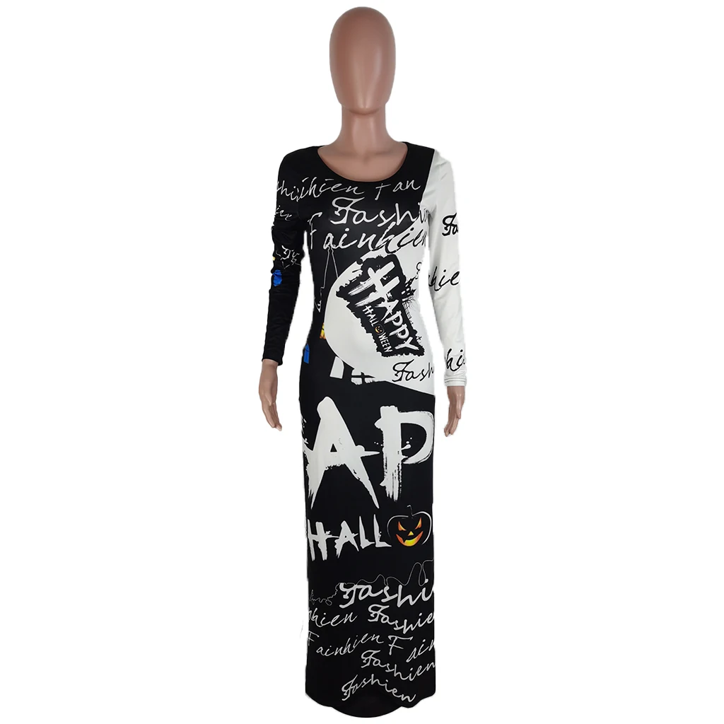 Foma- F6610 2020 Fashion women fall dresses letter print overall long sleeve casual long dresses women maxi