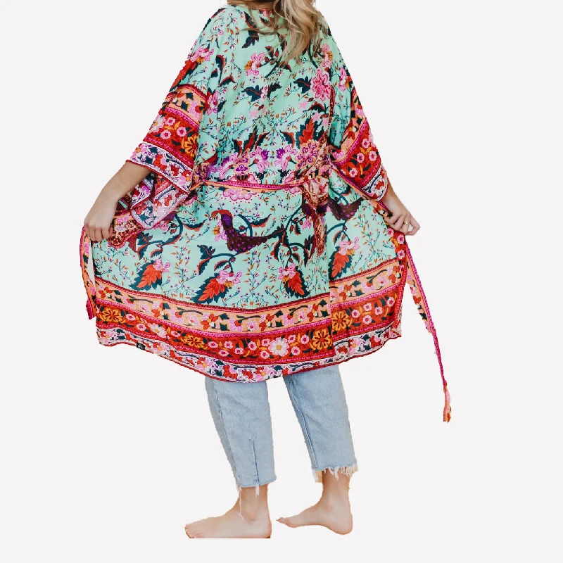 Ethnic women summer shirt blouse ladies printed long blusas tops plus size hippie floral chiffon boho kimono cardigan