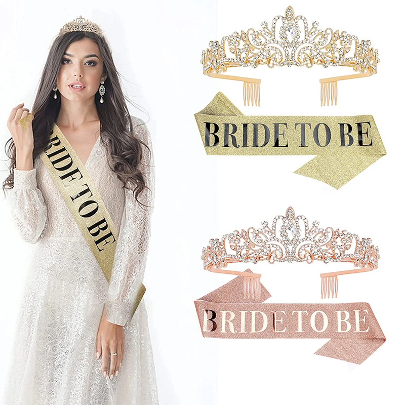 Bride To Be Sash Tiara Kit Rose Gold Bachelorette Party Decor Crown For Bride Crystal Crown And Glitter Bride Sash For Wedding