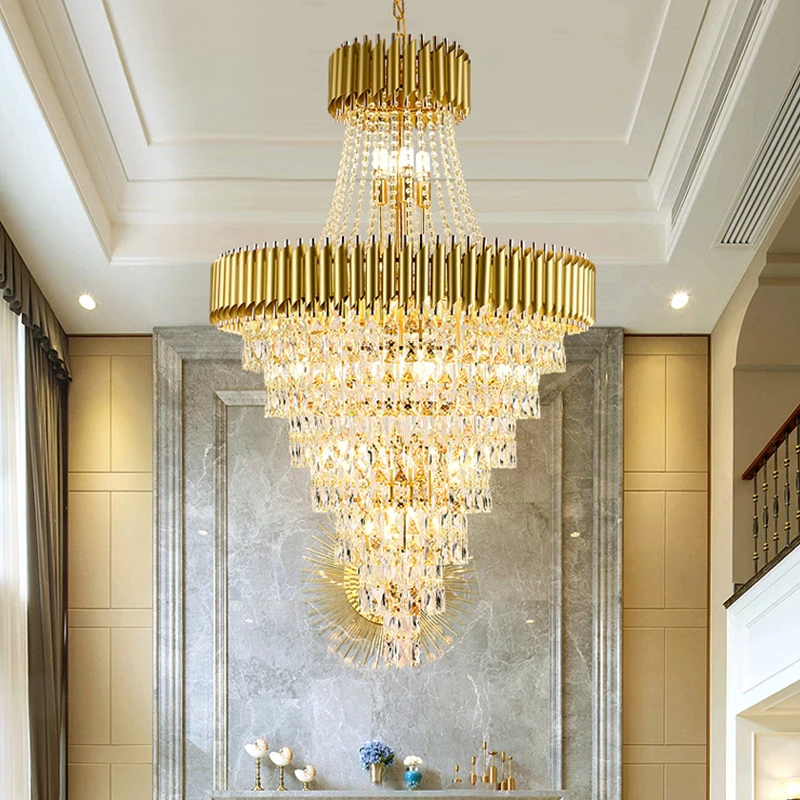 Custom Decorative Large Hotel Lobby Chandelier Luxury Design Gold Round Staircases Chandeliers For High Ceiling Foyer Chandelier