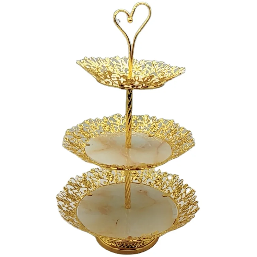 Best selling 3-Tier marble plate decorated with gold metal for  Mini cake fruit candy Display shelf