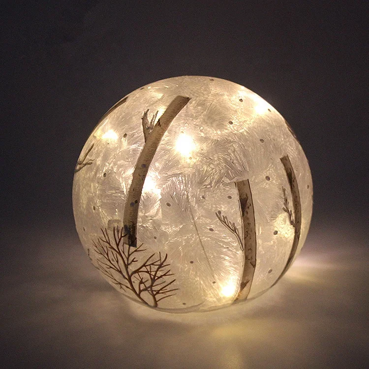 12cm/15cm/18cm Customizable White Christmas LED Light Glass Ball Standing Ornament With Trunk Pattern And Battery Base For Xmas