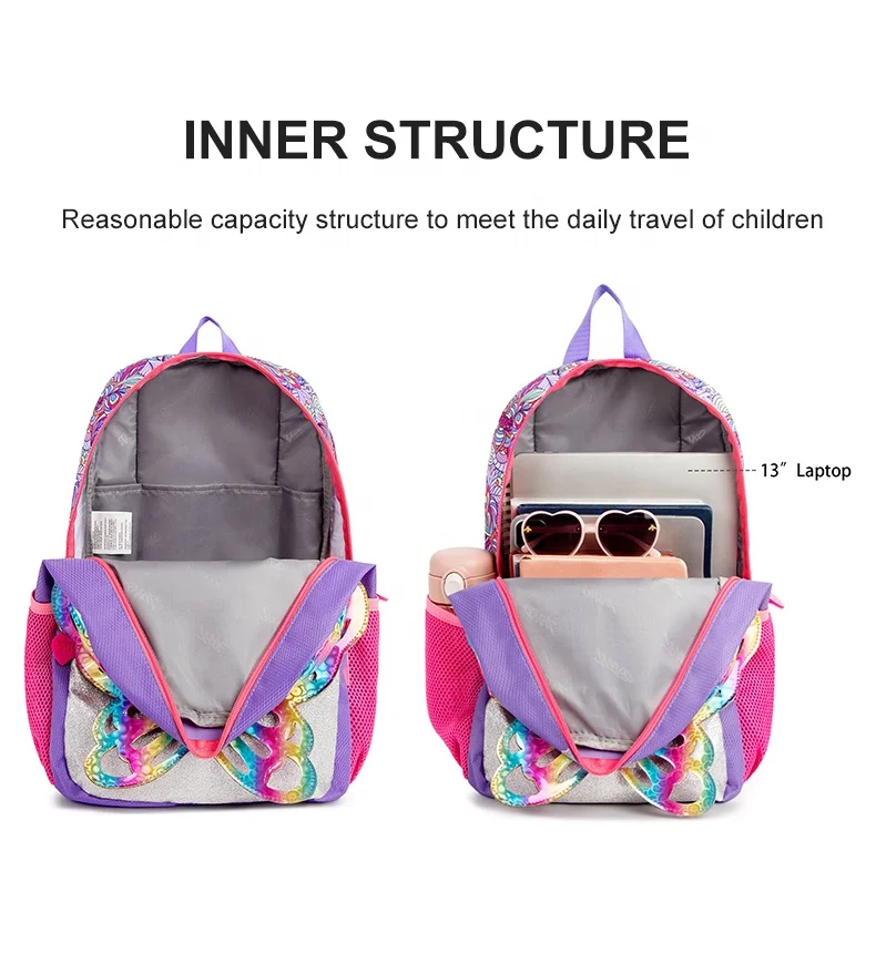 Girls Back to School Water Proof 3D Glitter Butterfly Animal Children Kids