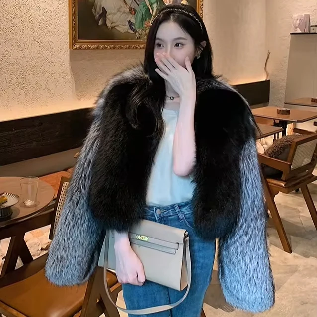 Luxury Full Pelt Silver-Black Splicing Natural Furry Real Fox Fur Coat Fluffy Short Whole Fur Jacket For Women