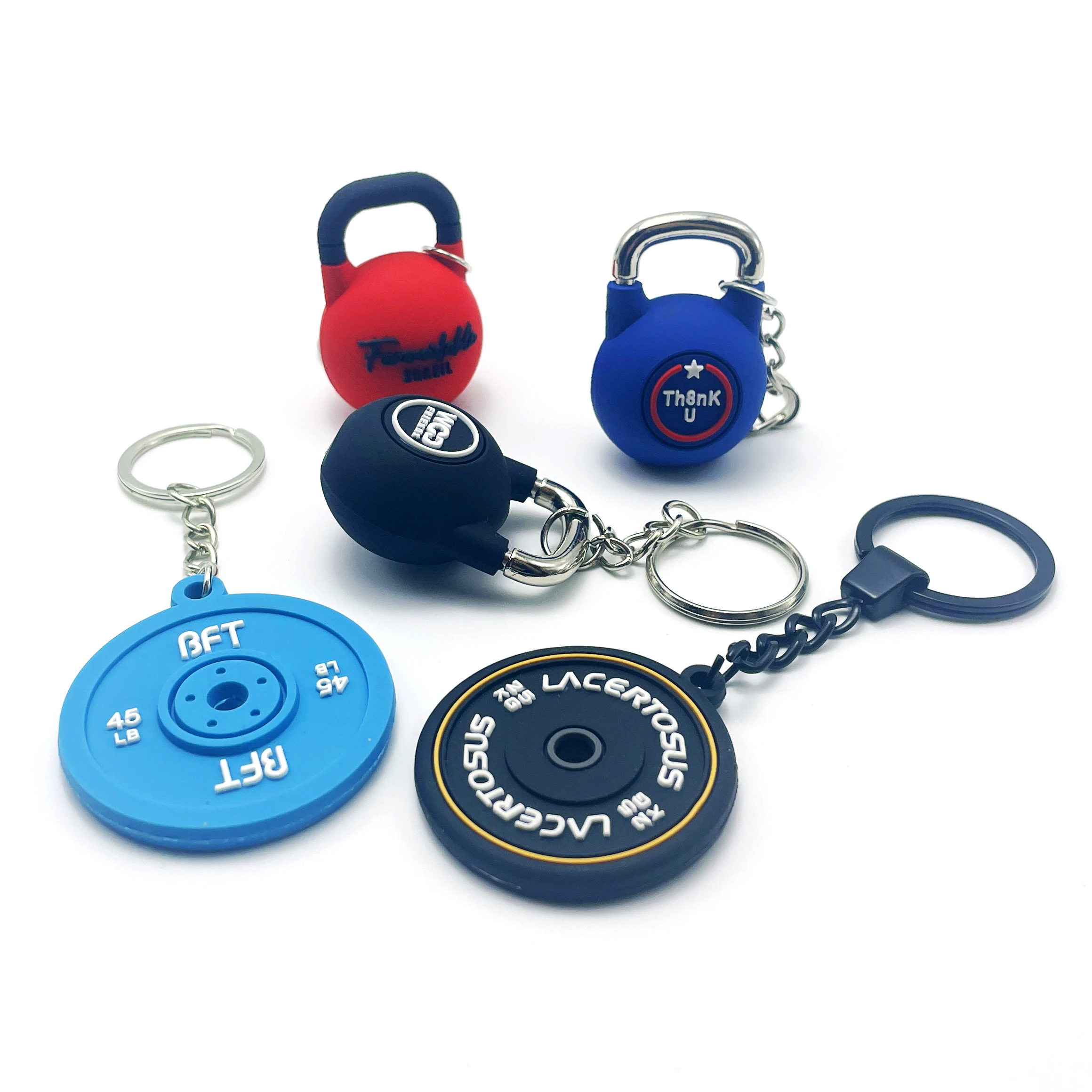 Gym Promotional Metal Crafts Keychains Custom 3D Double-Sided Logo PVC Rubber Barbell Key Chain Fitness Dumbbell Keychain