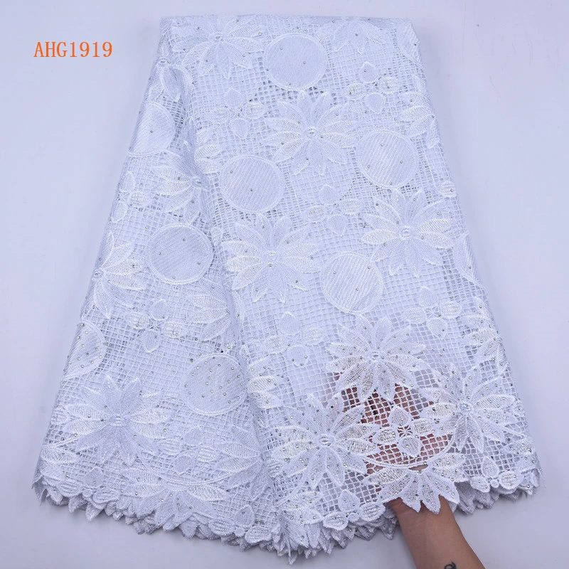 Wholesale African Guipure Lace Fabric With Stones Nigeria Pure White Cord Lace For Dress Water Souble Lace Fabric 1919