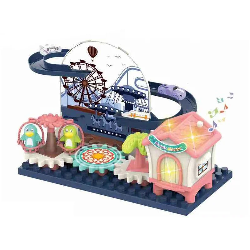 2021 Electric gear brick toys DIY assemble musical building blocks vehicle slide park track toys for child with light and sound