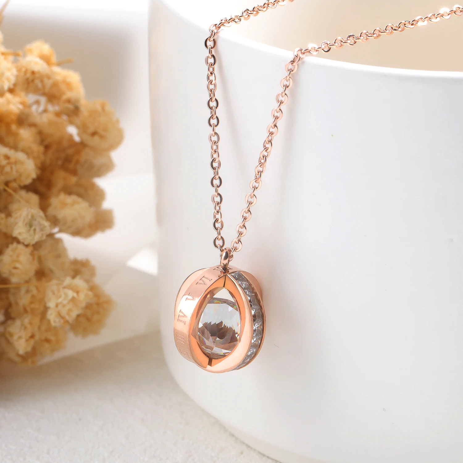 Летняя бижутерия геометрическое двойное кольцо дизайнерские ювелирные изделия розовое золото кристалл циркон женское красивое ожерелье кулон