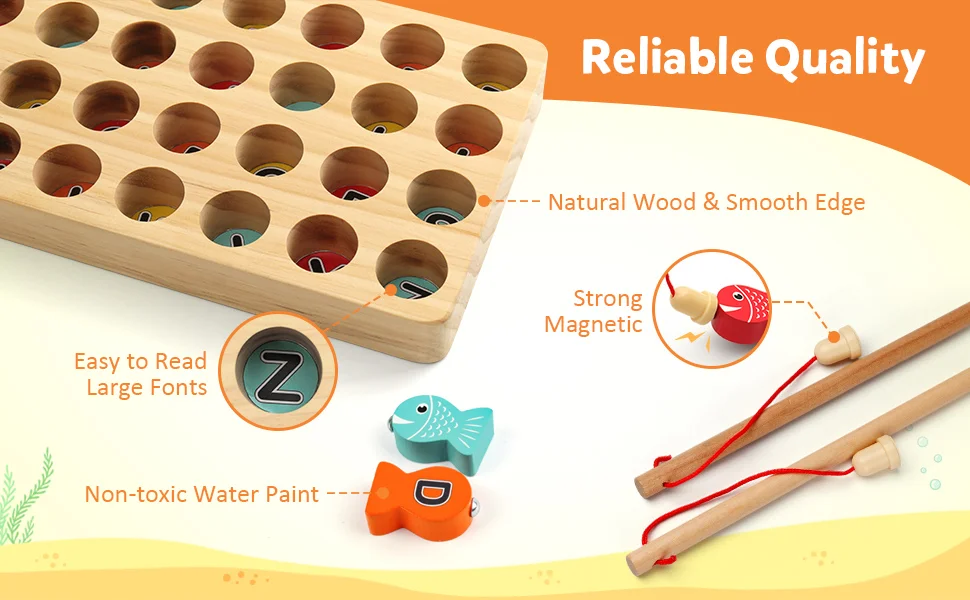 Wooden Magnetic Fishing Game Fine Motor Skill Toy ABC Alphabet Color Sorting Puzzle Montessori Letters Cognition Preschool Gift