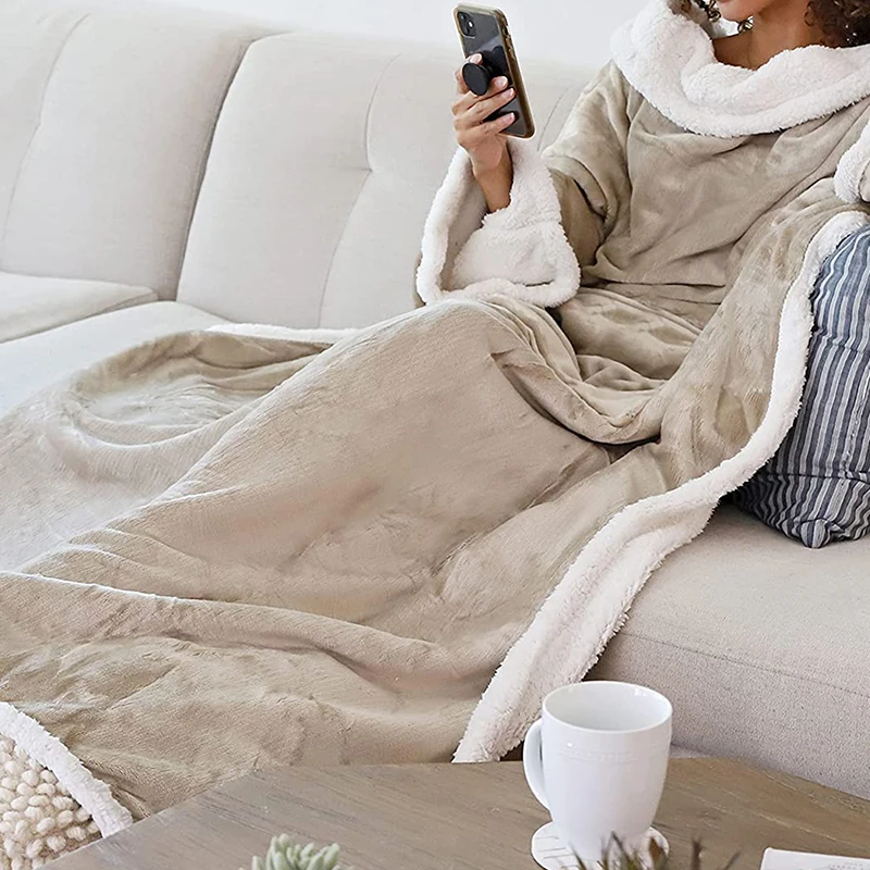 2022 hot sale thick TV blanket with sleeves and pockets double-sided wearable warm blankets for adults