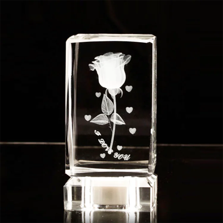 OEM / ODM 3D laser Crystal Rose cube & block with Led light base