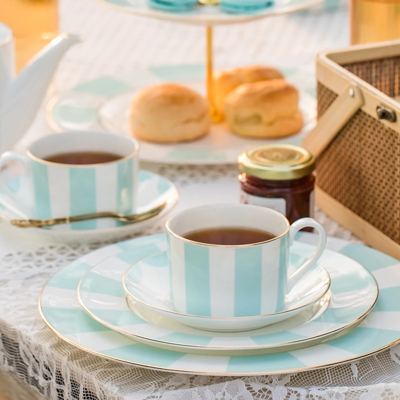 Economical Unique Design Hot Sale Blue Grid High quality Teacup And Saucer Coffee&Tea Cups