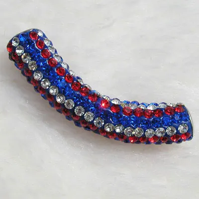 Wholesale customized designs clay pave rhinestone American flag pattern curved tube beads for bracelets necklaces jewelry making