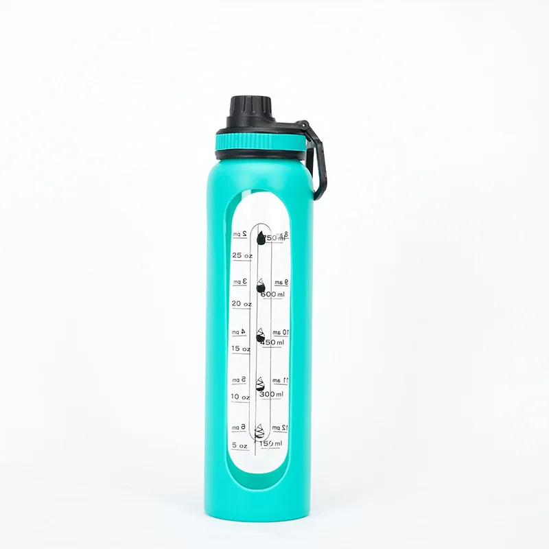 Hot Sell Personalized BPA Free Eco Friendly Nice Clear Iridescent Girl Glass Water Bottles with Silicone Sleeve Time Marker