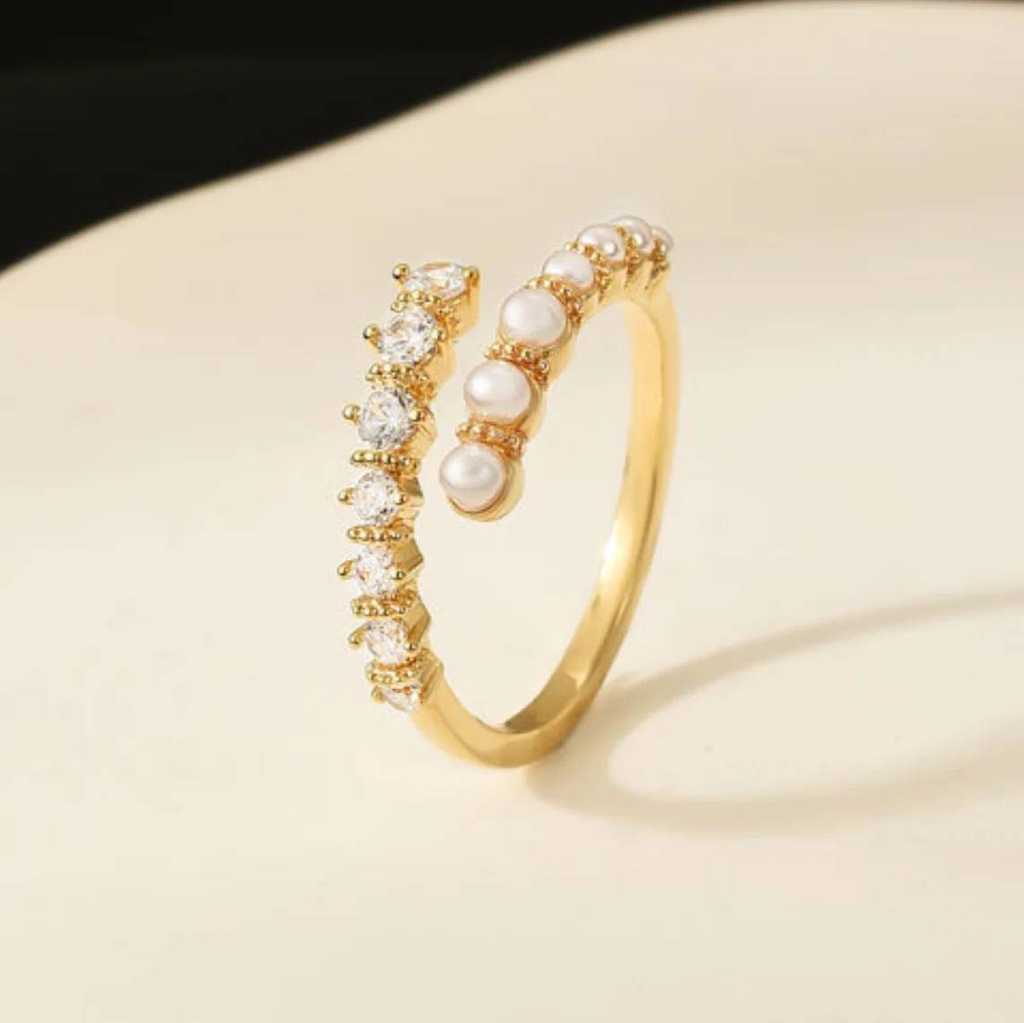 14k gold plated brass adjustable open rings jewelry inlaid with pearl zircon rings for women