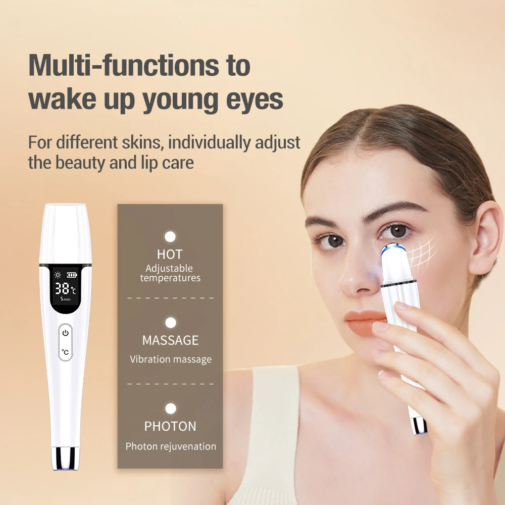 Cordless Heating Vibration Eye Lifting Massager Pen Eye Cream Import Wand Device LED Photon Eye Beauty Instrument