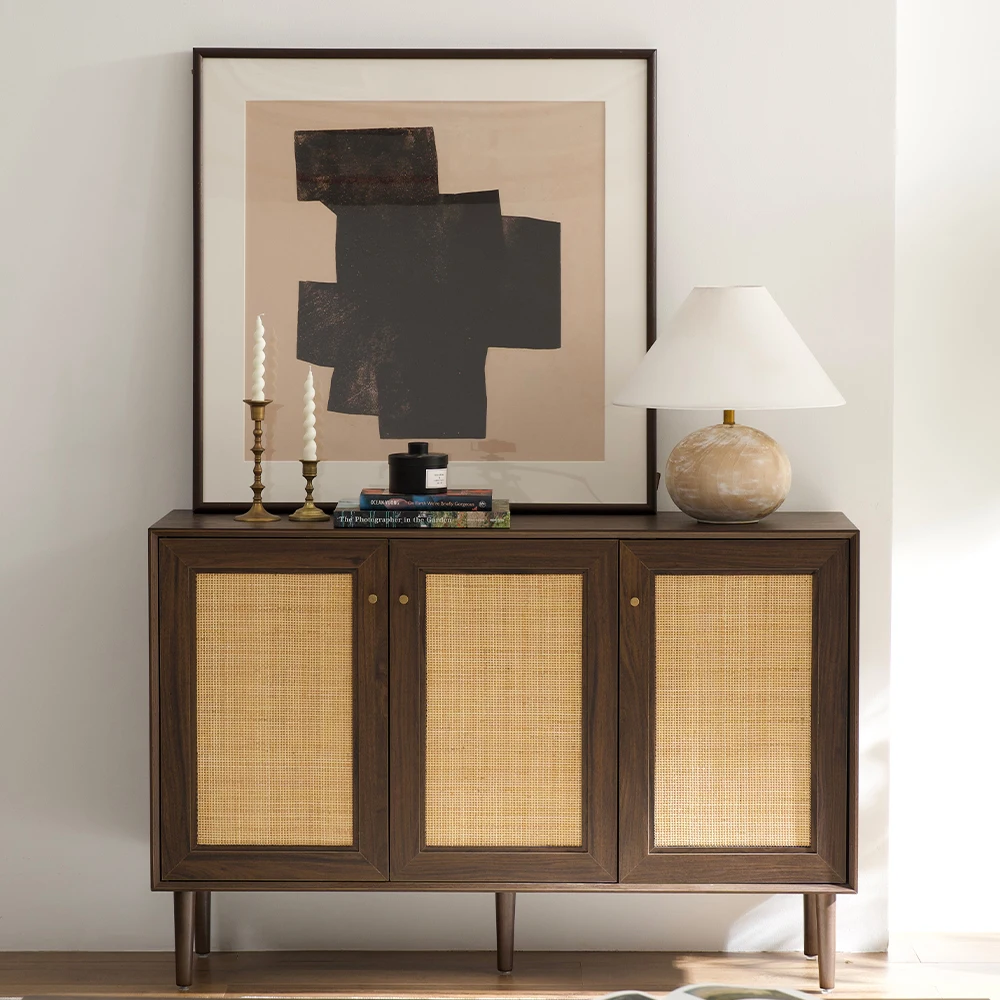 Adjustable Shelf Large Capacity Kitchen Cupboards Solid Wood Walnut Three-Door Storage Rattan Cabinet With Beech-Rattan Door