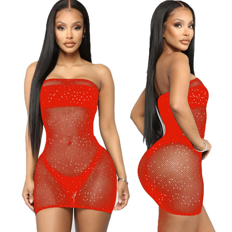 Europe and America Chest Wrap Bodystocking Products Large SizeVaqua Fishnet Rhinestone Fishnet Bodystocking Dress