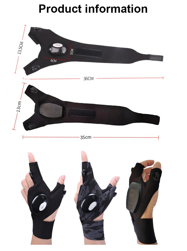 Outdoor sport running mechanic work flash light half finger usb charging flashlight led fishing gloves