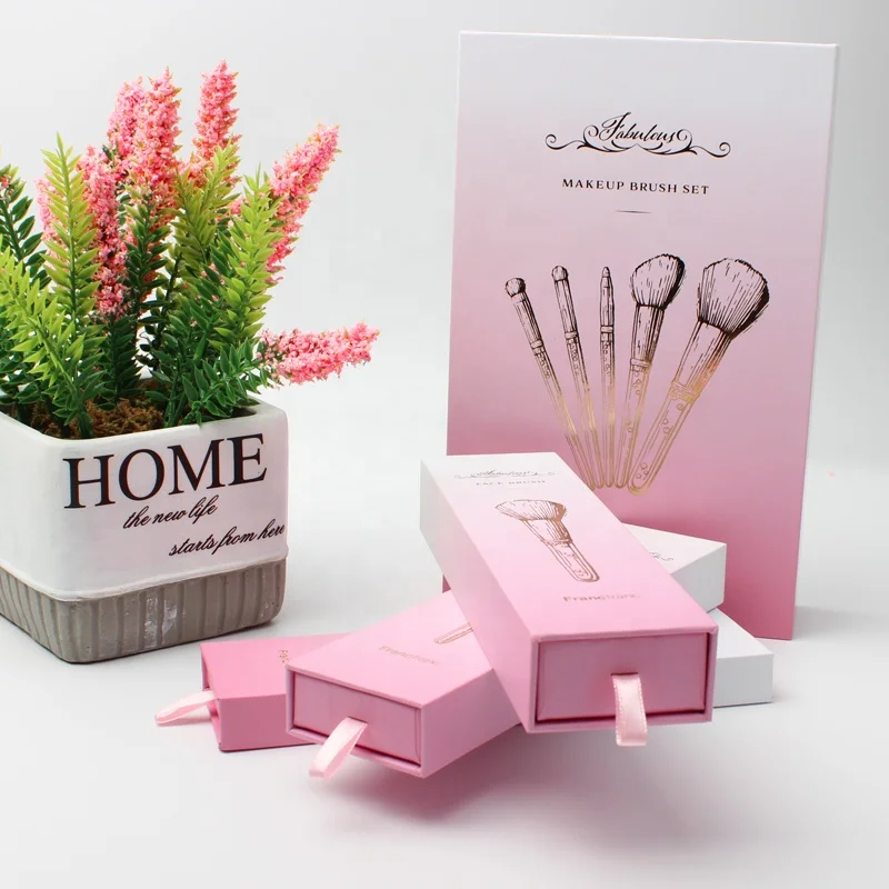 Costumized Luxury Rigid Sliding Cardboard Paper Slider Package Pink Gift Box With Pull Out Drawer For Makeup Brush Set