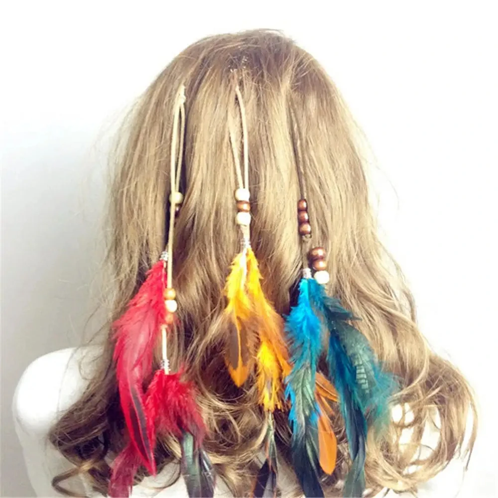 Factory Wholesale Boho Feather Headpiece Headband Braided Hairband Gypsy Indian Feather Headdress
