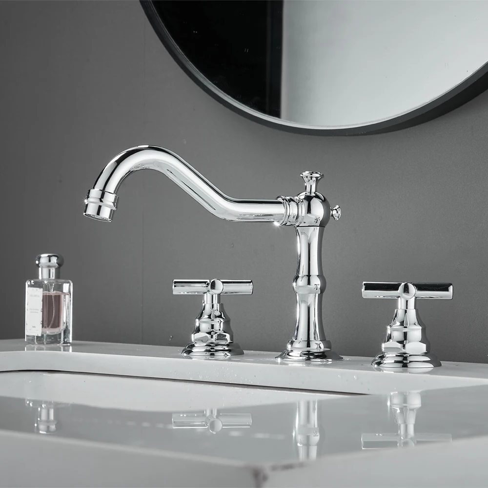 Chrome Brass Sink Faucet 3 Hole Widespread Bathroom Faucet with Water Supply Lines