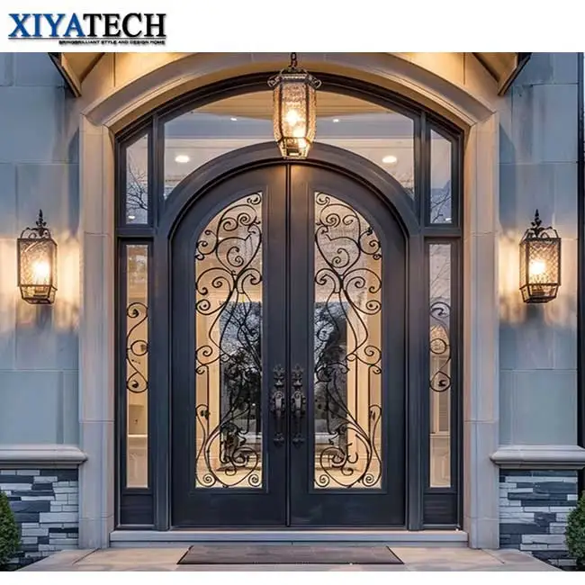 XIYATECH Luxury Main Entrance Security Door With Glass Wrought Iron large entrance front doors