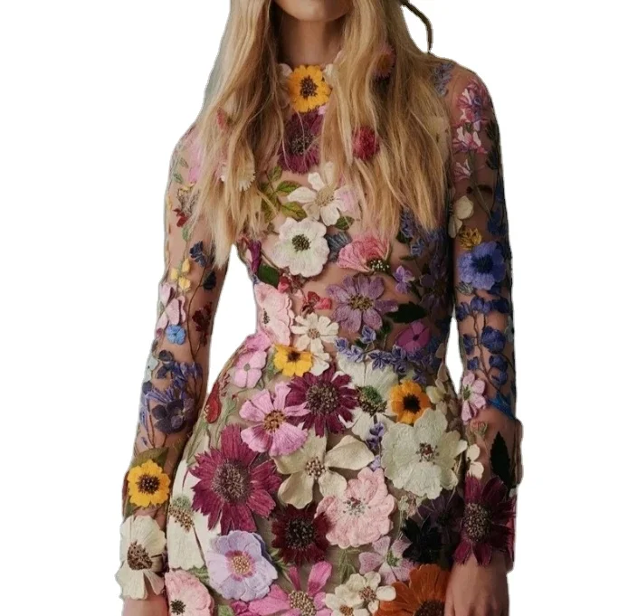 Womens Dresses 2024 Spring Fashion 3D Flower Mesh Lace Embroidery Casual Mock Neck Long Sleeve Slim Fit Daily Mini Dress