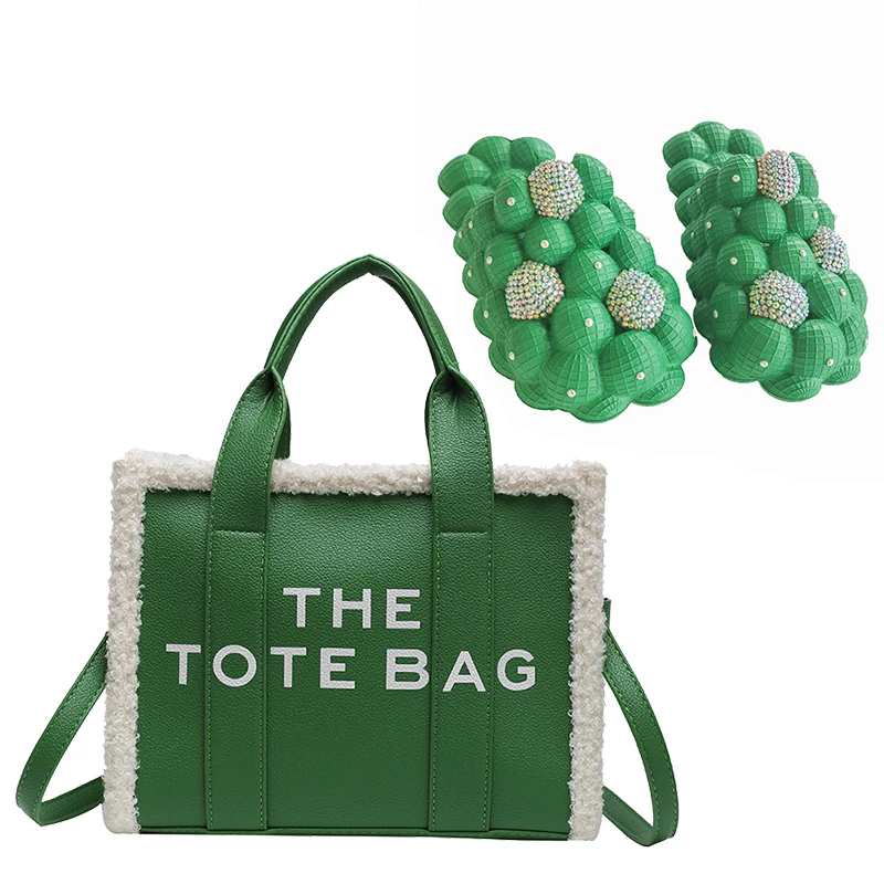 Wholesale Eva Cloud Lychee Bubble Sandals Winter Furry Pu Handbag Luxury Bling Bubble Slides with Purse The Tote Bag