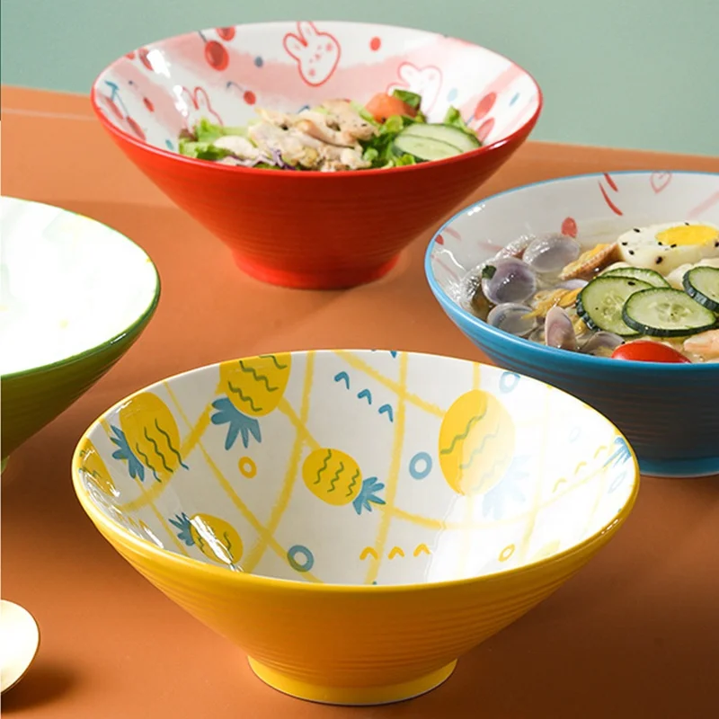 Creative Nordic Ceramic Tableware Large Capacity Porcelain Soup Instant Noodle Salad Bowl For Household With Cartoon Pattern