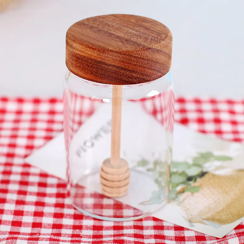 260ml Durable Honey storage with stirring rod high borosilicate glass jars with acacia wood screw lids