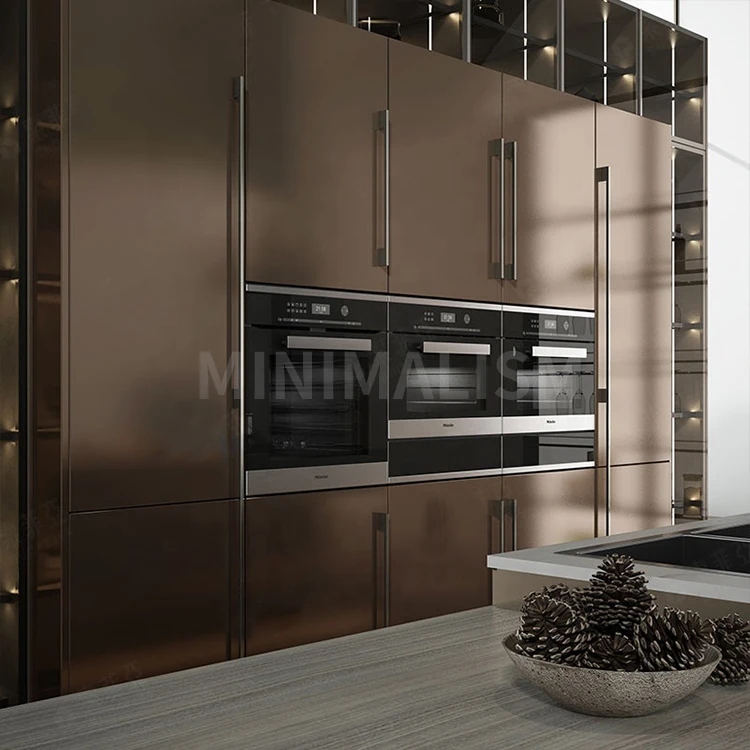 Manufacturer Dust Proof Modern Open French Island Design Complete Metal Laminate Glossy Kitchen Cabinets