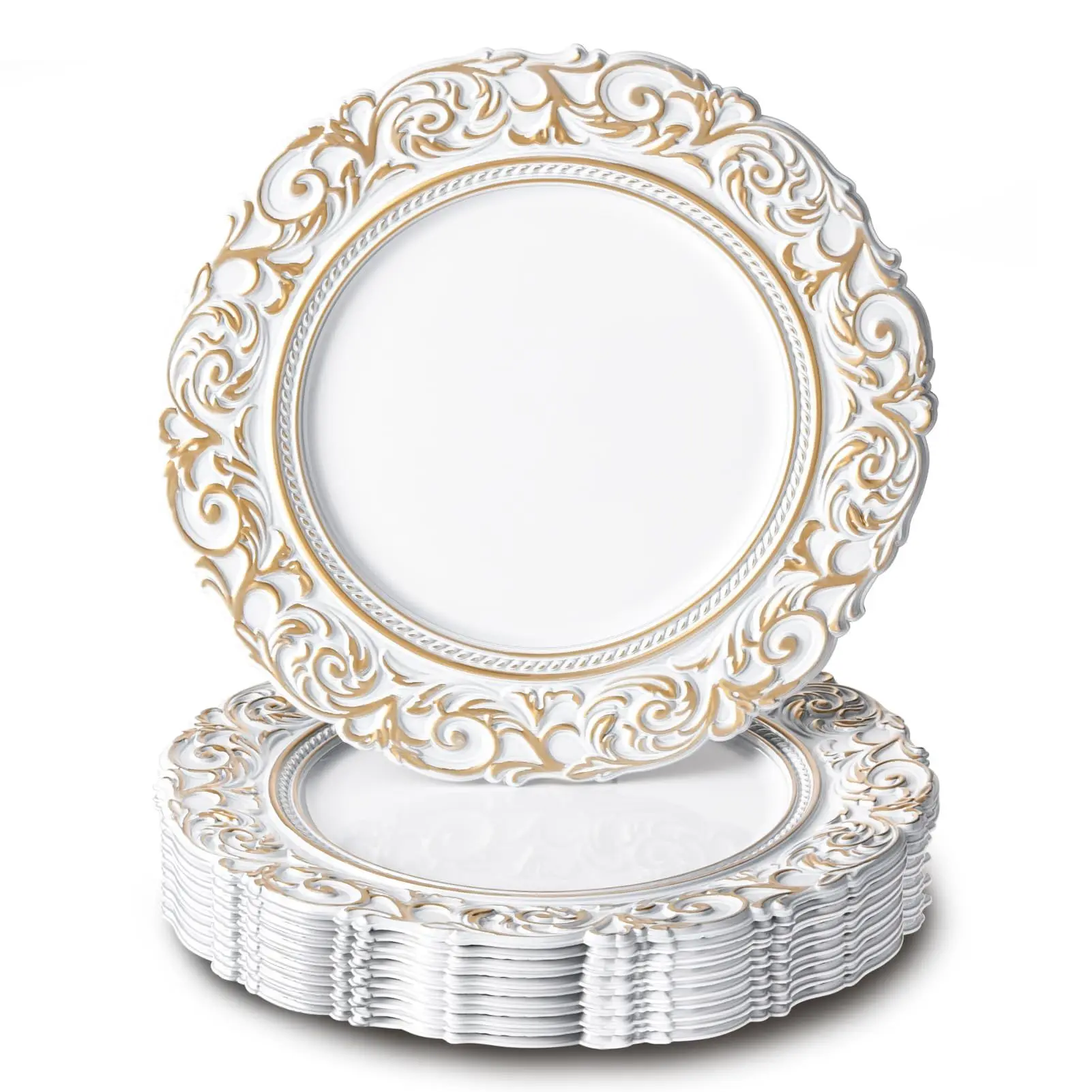 Antique Charger Plates,13 Inch White Round Plastic Embossed Charger Plate for Dinner Party Wedding Elegant Tableware Decoration