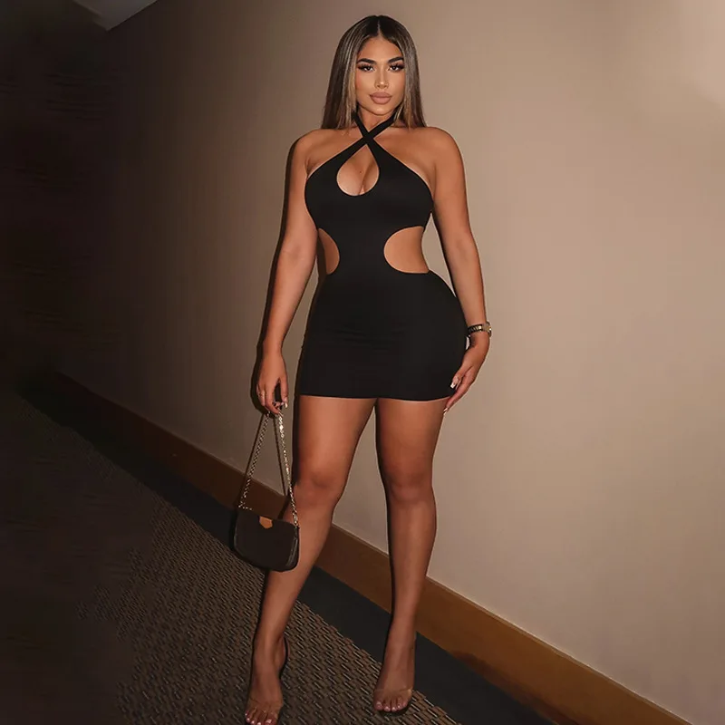 2022 Summer New Fashion Sexy Club Backless Lace-Up Deep v Hollow Out Bodycon Hip Dress