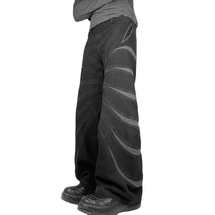 High Street bungee style contrast curved seam panels detail wide leg cargo pants 100% cotton denim baggy jeans hip hop men