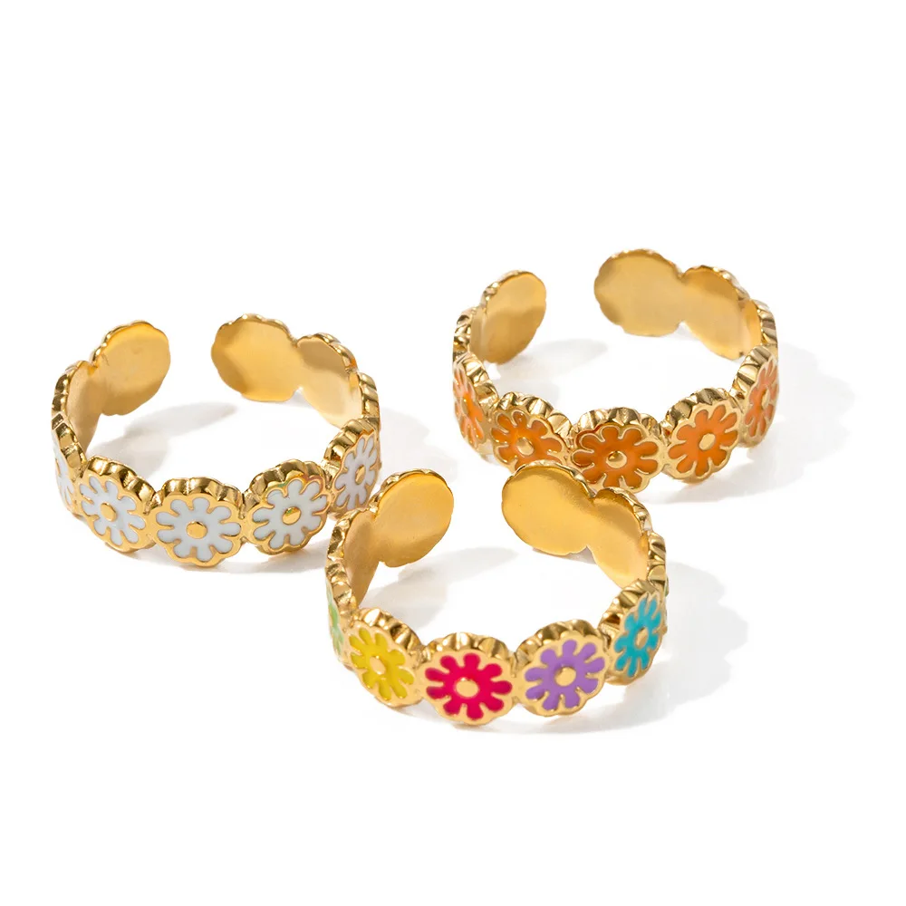NUORO Trendy 18K Gold Plated Stainless Steel Ring Jewelry Colorful Dripping Oil Enamel Cute Daisy Flower Adjustable Open Ring