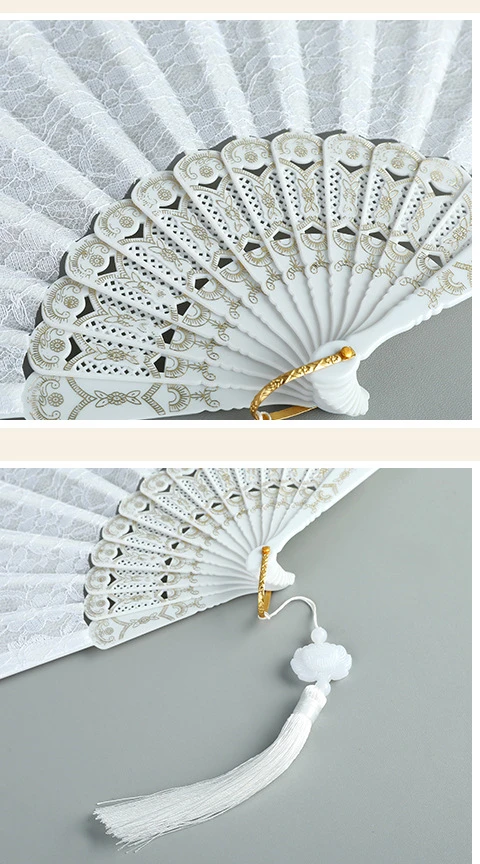 Luxury White Lace Folding Fan Home Decorative Fan Ancient Bride Hand Fan Double-layered Plastic Wedding Cosplay Party Folk Art /