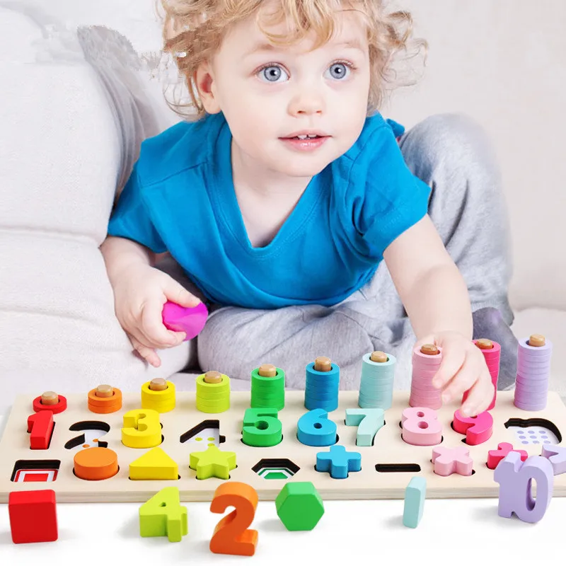 May Promotion 3 in 1 Number Shape Matching Puzzles Toddler Teaching Aids Wooden Building Blocks Educational Toys