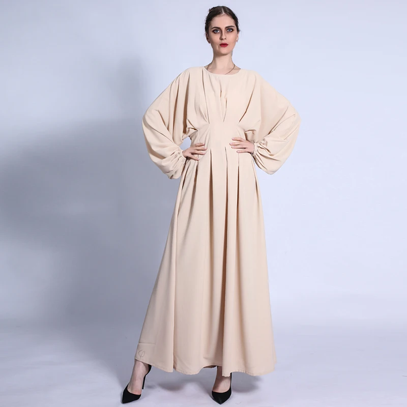 Trendy elegant beautiful designs elastic puff cuff waist pleated kimono abaya no pockets